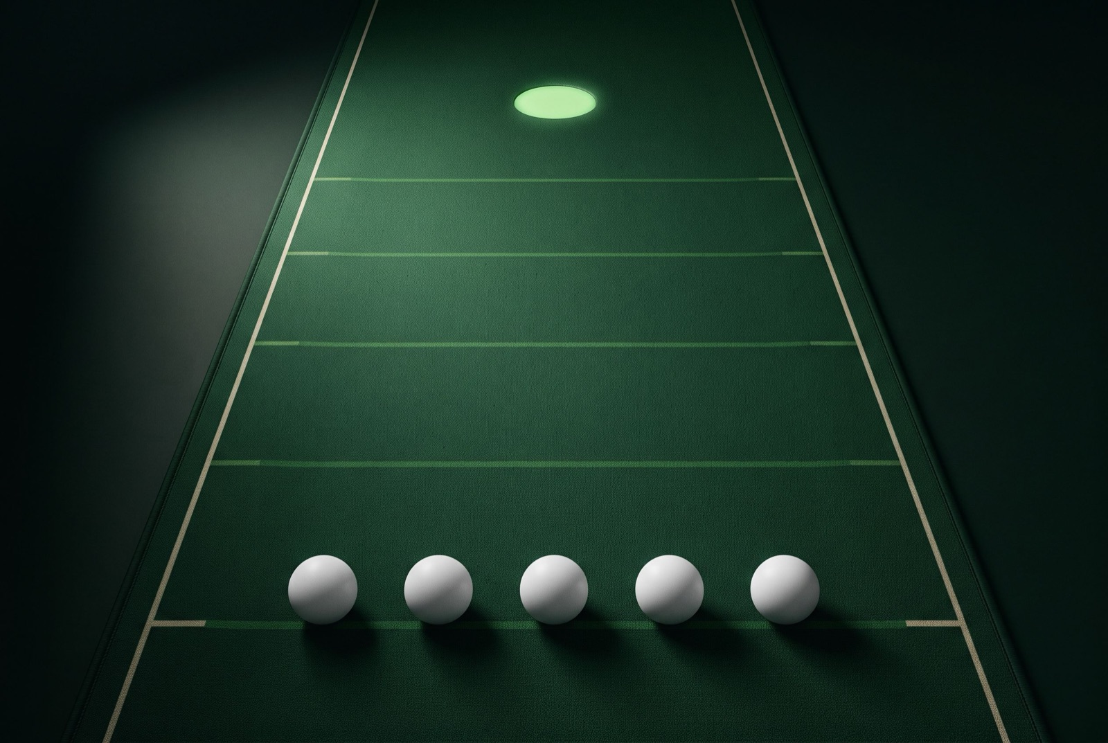Five golf balls lined up on a practice mat marked at intervals, with a lit cup at the far end.